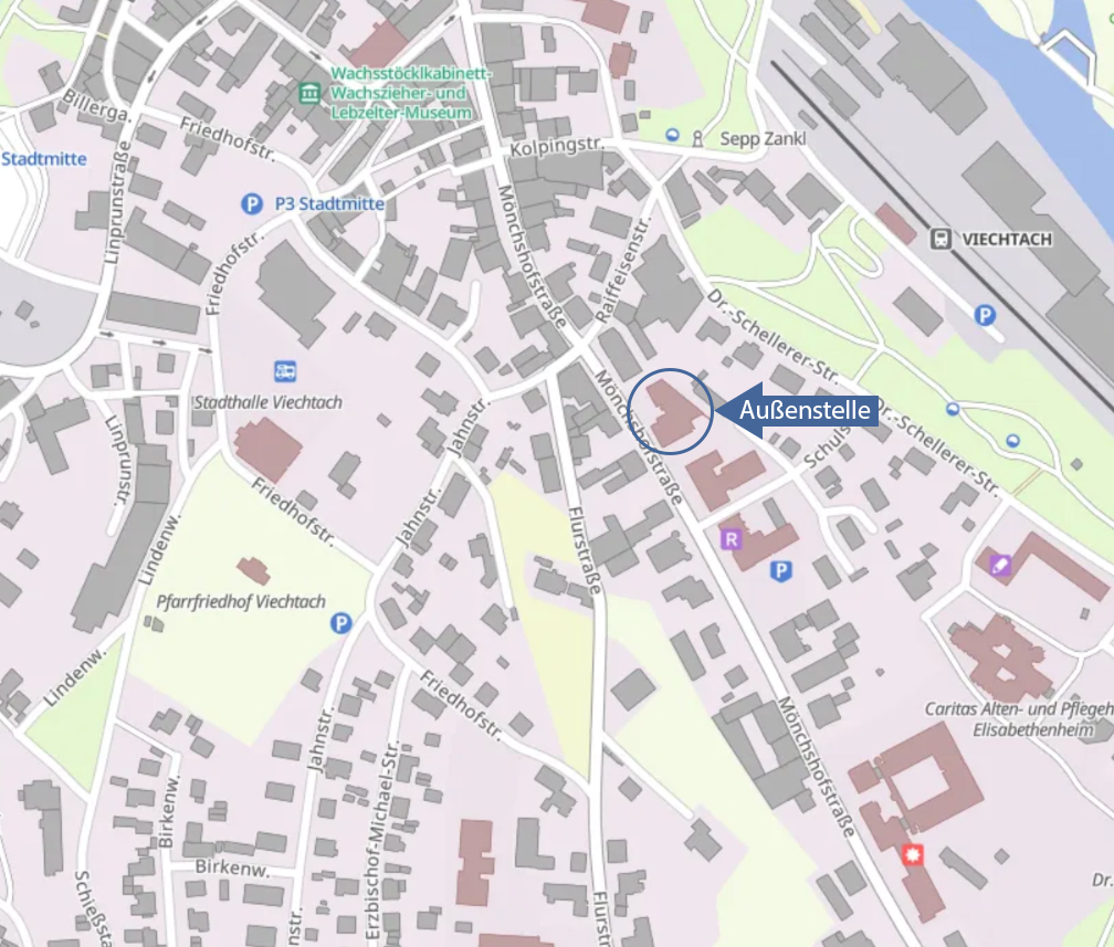 Stadtplan mit Markierung der Außenstelle VIechtach, Mönchshofstraße 27